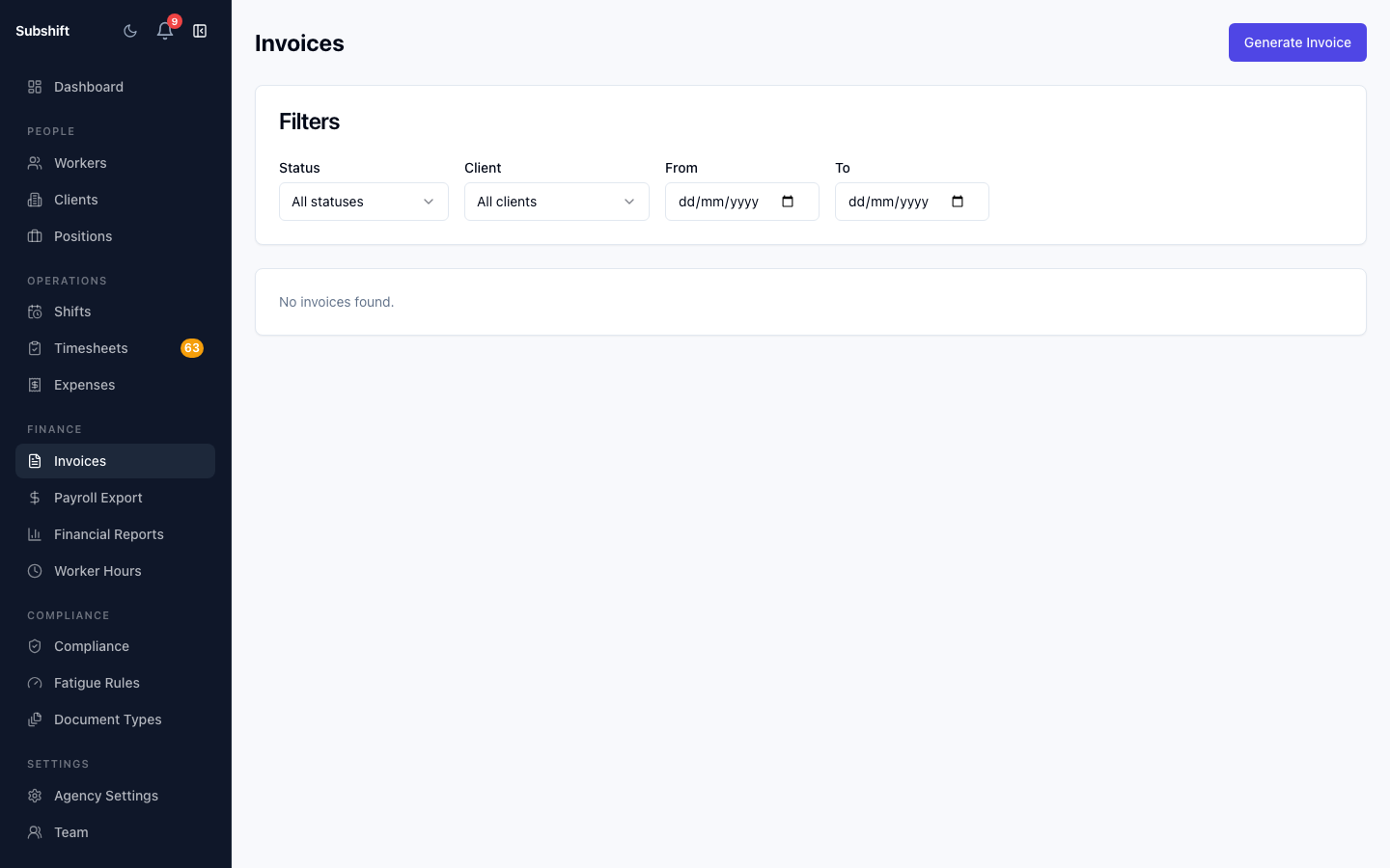 The invoice generate form showing period date pickers and client selector.