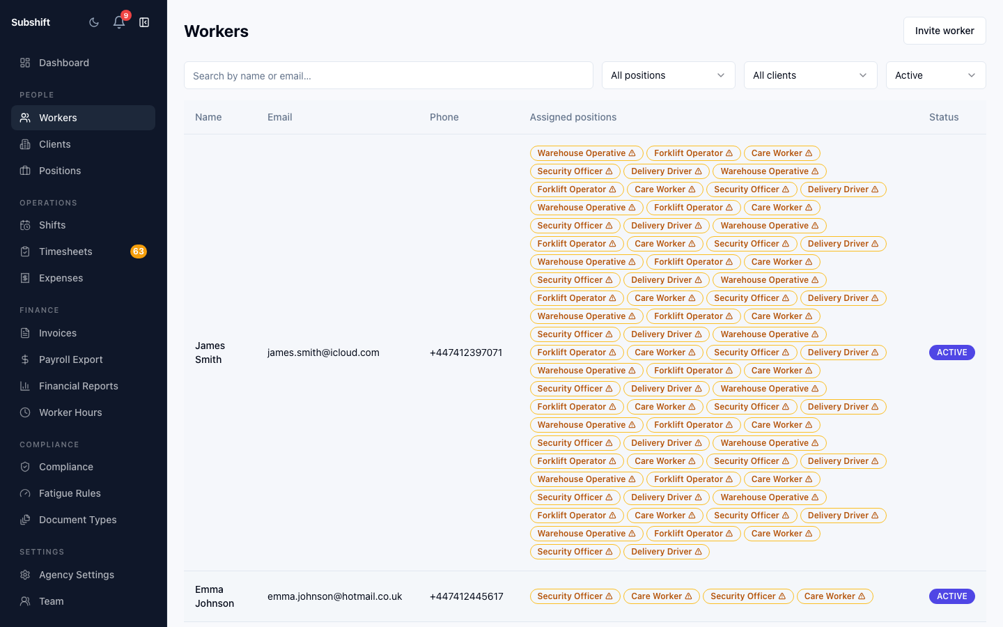 The new worker form showing name, email, and position selection.