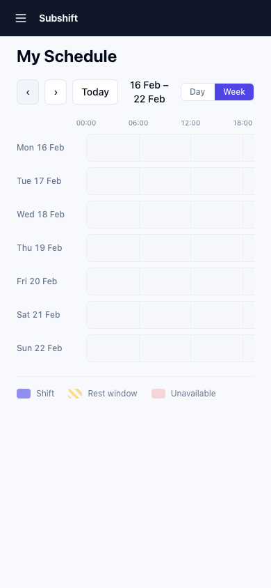 My Schedule page showing a week view with shift blocks, fatigue rest windows, and an unavailability period.